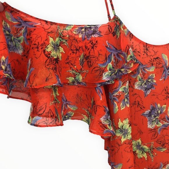 Adelyn Rae Orange Floral Off Shoulder Ruffle Asymmetrical Hem Dress size XS - Picture 5 of 13